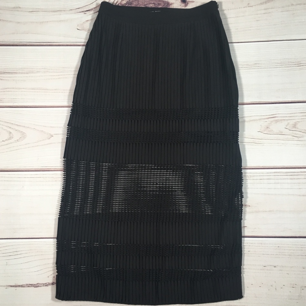 ZARA Black Pleated Sheer Midi Skirt Size XS